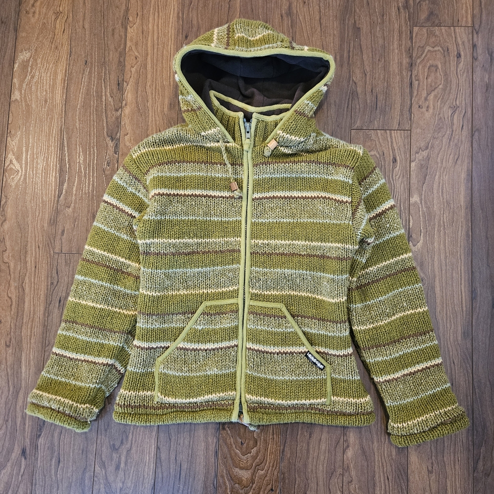 Striped Olive Green Hooded Knit Zip Sweater